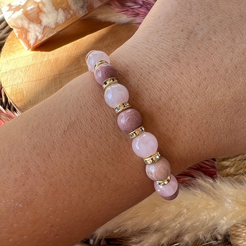 Boho 8mm Rose Quartz And Rhodochrosite Bracelet Stress Relief Hand Jewelry