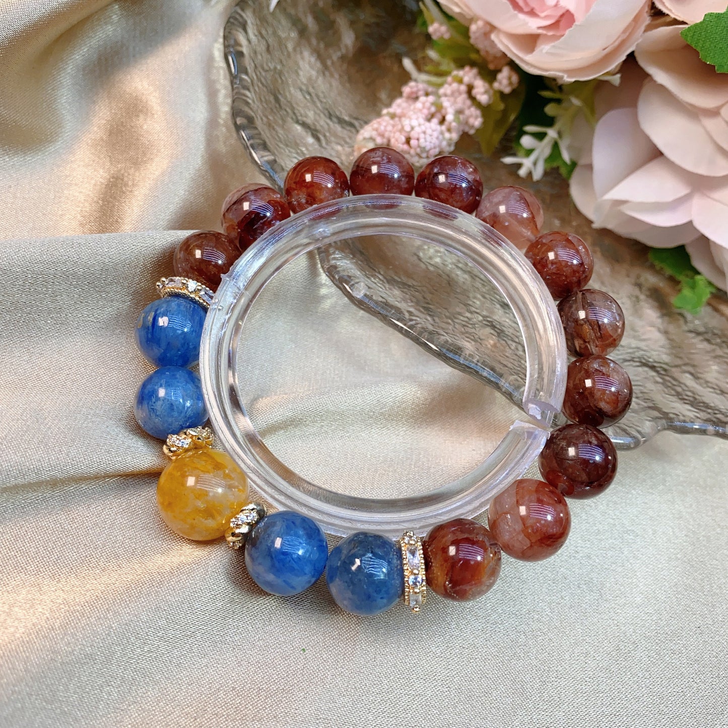 Natural crystal oxblood red gum flower plus four seasons ghost bracelet