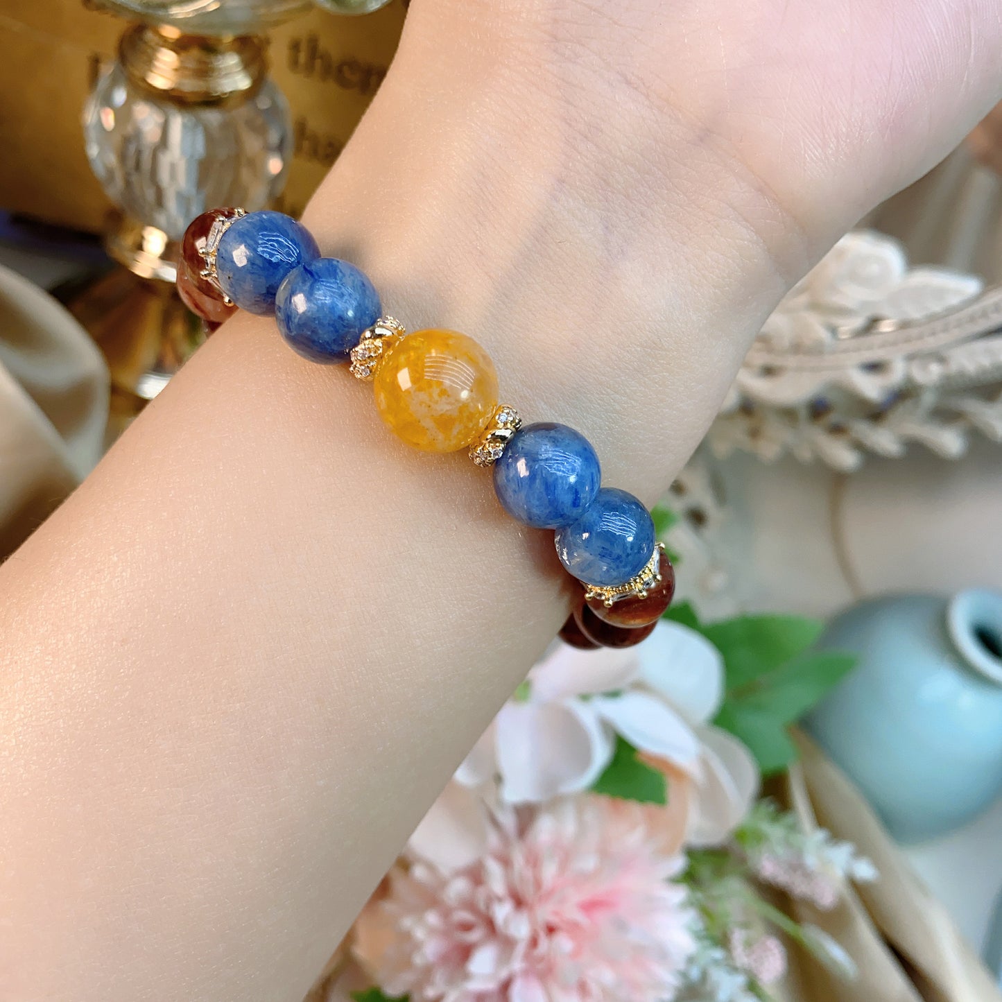 Natural crystal oxblood red gum flower plus four seasons ghost bracelet