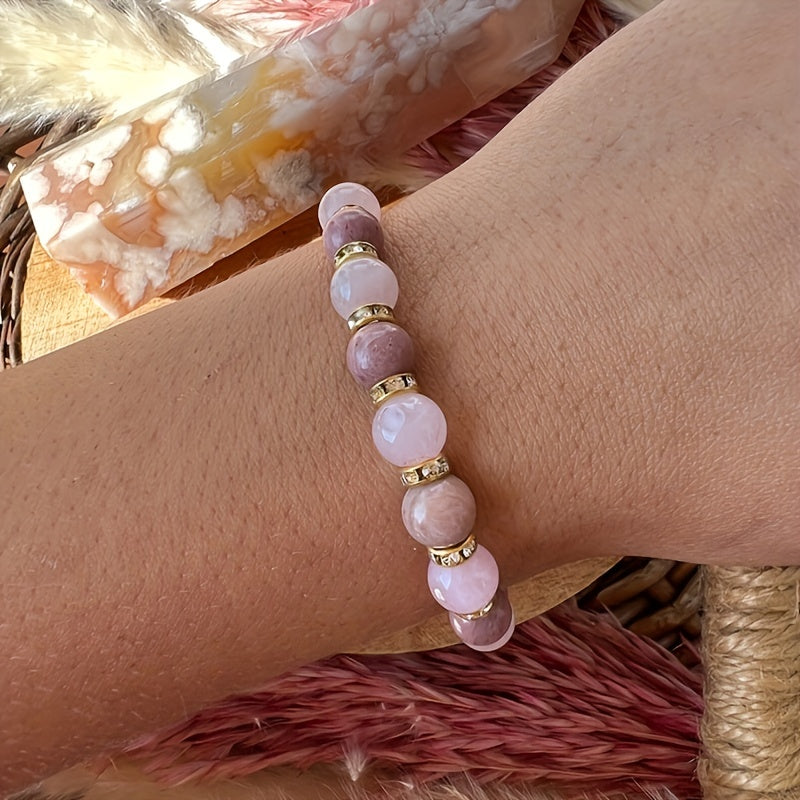 Boho 8mm Rose Quartz And Rhodochrosite Bracelet Stress Relief Hand Jewelry