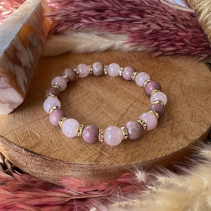 Boho 8mm Rose Quartz And Rhodochrosite Bracelet Stress Relief Hand Jewelry