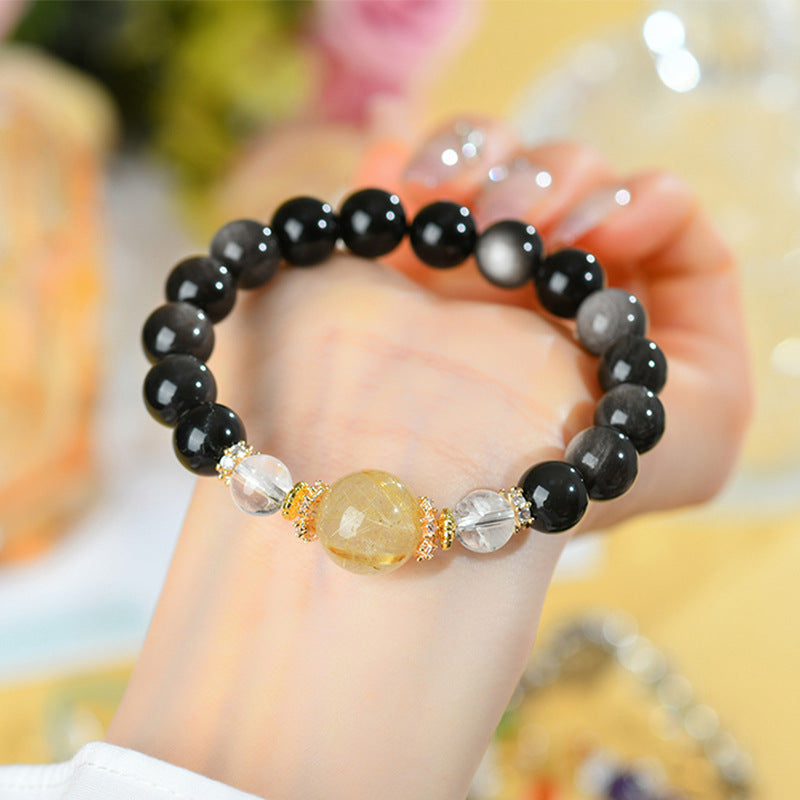 Silver Obsidian Golden Rutilated Quartz Bracelet