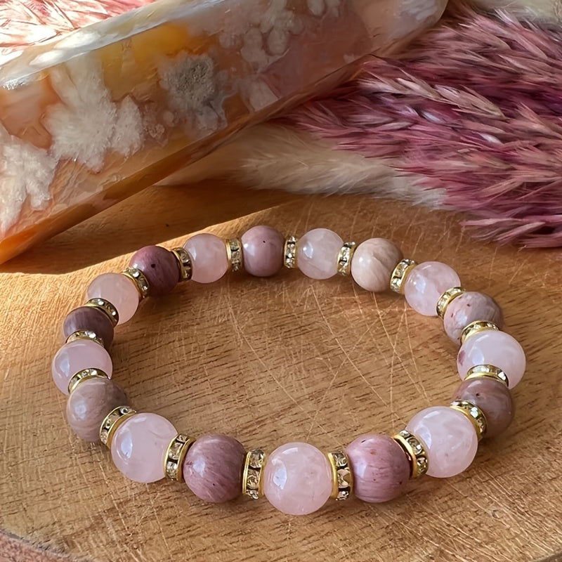 Boho 8mm Rose Quartz And Rhodochrosite Bracelet Stress Relief Hand Jewelry