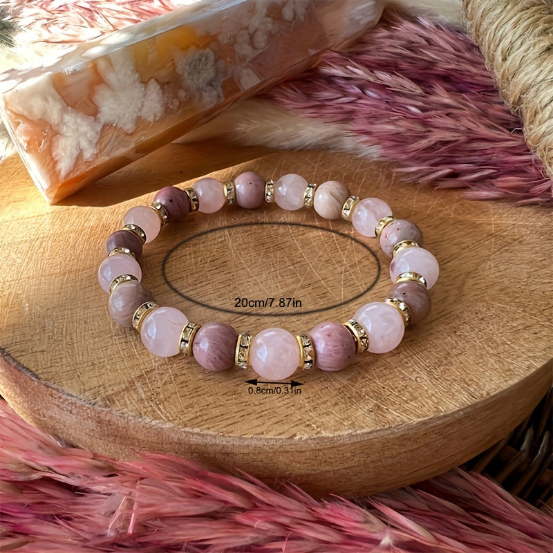 Boho 8mm Rose Quartz And Rhodochrosite Bracelet Stress Relief Hand Jewelry